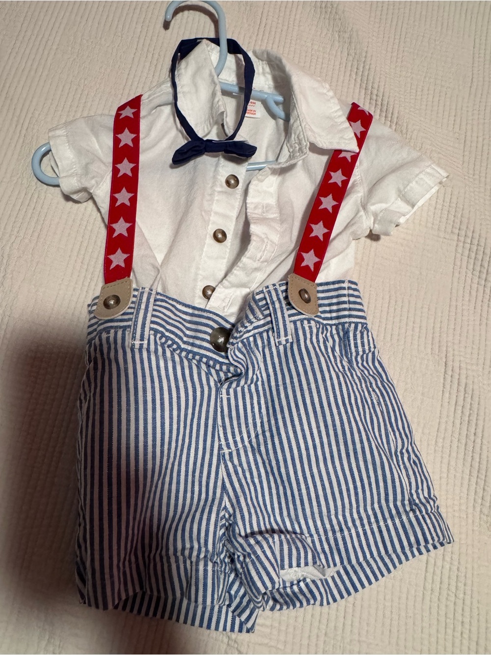 Red Star Suspenders with Navy Bow Tie & Blue Striped Shorts Fourth of July